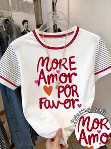Camiseta casual de mujer de cuello redondo y manga corta con estampado de letras y rayas - Multicolor 3 - Ver 5