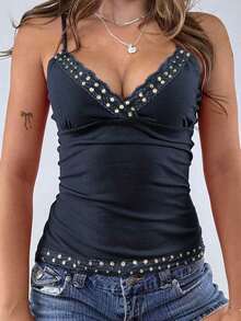 Top de tirantes finos estilo Y2K, de color sólido, sin espalda, ajustado y sexy, con encaje, estilo urbano para graduaciones, ideal para la playa en verano, citas, festivales de música, 4 de julio y más ocasiones informales. - Marina de - Ver 6