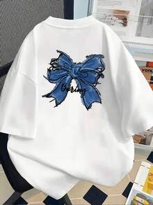 Camiseta Casual de Manga Corta con Cuello Redondo y Estampado de Lazo Azul para Primavera y Verano, Ropa de Mujer Y2k - Blanco - Ver 2