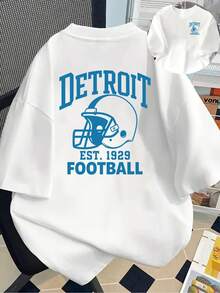 Camiseta de manga corta con estampado de fútbol americano de Detroit| Camiseta Casual de Cuello Redondo para Mujer, Ideal para Primavera y Verano, Estilo Y2k - Blanco - Ver 1