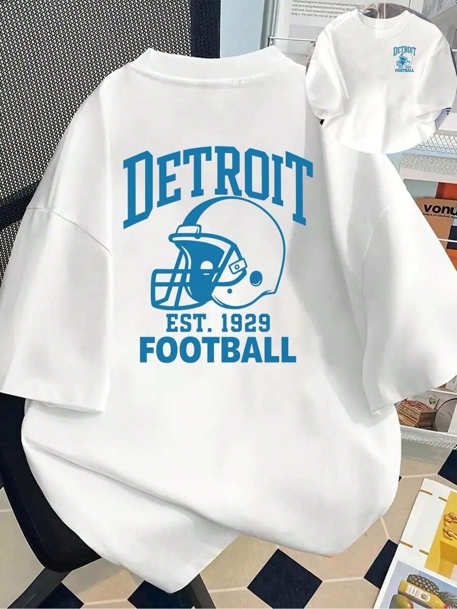 Camiseta de manga corta con estampado de fútbol americano de Detroit| Camiseta Casual de Cuello Redondo para Mujer, Ideal para Primavera y Verano, Estilo Y2k - Blanco - Ver 1