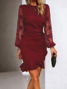 Vestido de encaje nuevo para mujer, de moda, mangas abullonadas, diseño favorecedor, perfecto para looks casuales, citas y ocasiones especiales - Burdeos - Ver 9
