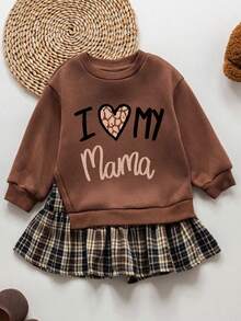 Young Girl Cartoon Print Round Neck Long Sleeve Dress - Coffee Brown - View 2