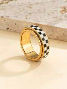 1/2pcs Stainless Steel Black & White Chessboard Rotatable Anti-Stress Rings, Unisex Everyday Versatile Design, Available In Sizes 6-11, Great Gift For Friends, Couples - Gold + Silver - View 22