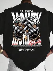 Short-Sleeved T-Shirt With Graffiti Print Of Rings And Dollars, Urban Style, Bold Print, Graphic Tee, Soft Material, Breathable Fabric, Top, Eye-Catching T-Shirt, For Streetwear Lovers, Y2k Urban Style. - 黑色 - 查看 10