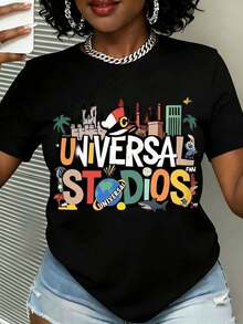 Fan T Shirt With Iconic Landmarks And Characters For Theme Park Visitors And Movie Enthusiasts - Black - View 2