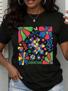 Camiseta de Cuello Redondo para Mujer con Diseño de Pieza de Rompecabezas y Flor para Concientización sobre el Autismo, Impresión de Aceptar el Amor y la Comprensión, Manga Corta, Estilo Casual para Uso Diario - Negro - Ver 7
