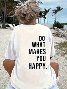 Women's Casual Short Sleeve Crew Neck T-Shirt With "DO WHAT MAKES YOU HAPPY" Slogan Print, Drop Shoulders, Relaxed Fit, Medium Elasticity Breathable Fabric, Machine Washable, Spring Summer Top, Cute T-Shirts, Casual Outfit, Fun Design T-Shirt, Medium Elasticity Fabric, Y2k T-Shirt. - 黑色 - 查看 5