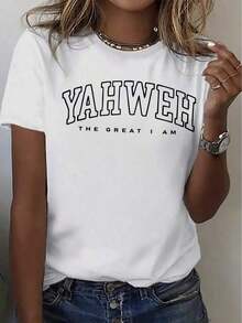 Women's Casual Round Neck T-Shirt, Made Of Polyester Fabric, Short Sleeve With "YAHWEH GREAT I AM" Print, Comfortable Fit For All Seasons, Casual Wear | Graphic T-Shirt | Soft Textured Summer T-Shirt. Comfortable, Versatile Short-Sleeved Top. - 白色的 - 查看 8