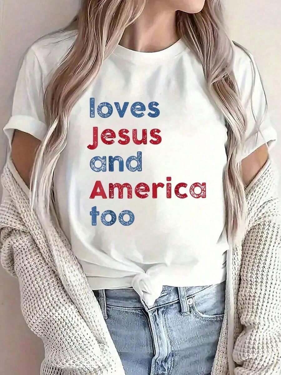 1 Piece T-Shirt With "God Christian 4th Of July Loves Jesus And America Too" Print For Summer, Soft Short-Sleeved T-Shirt For Women, Stylish And Comfortable T-Shirt For Women, Graphic Print T-Shirts, 180g 100% Cotton, All Designs Are Printed. Unisex. - 白色 - 查看 1