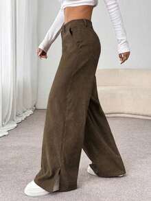 Unity Pantalones palazzo informales, holgados y de pierna ancha dividida de pana para mujeres, otoño/invierno - Marrón - Ver 5