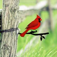 2D亚克力红色小鸟花园树桩装饰品，红色小鸟艺术树桩标牌，户外花园露台派对装饰摆件，尺寸：11.81英寸 - C - 查看 5