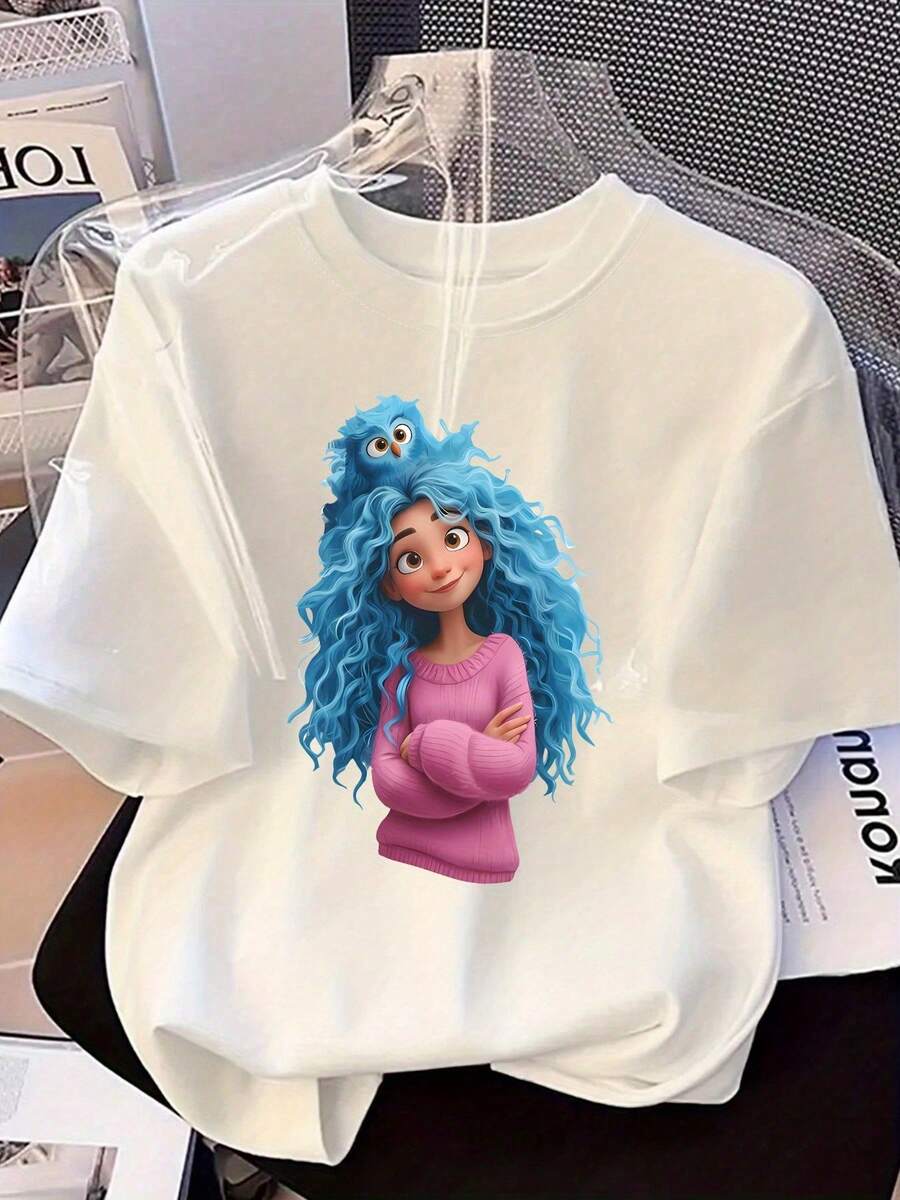 Women's Anime Print T-Shirt - Cute Short Sleeve Blouse With Chibi Character, High Elasticity Casual Blouse For Casual Wear, Comfortable Fit For All Seasons (Machine Washable) - Y2k Style Sleeve T-Shirt Shirt - 黑色 - 查看 1