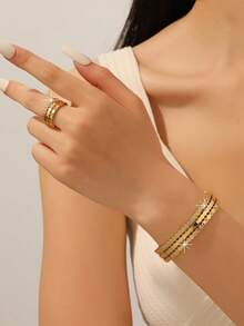 1 set Bracelet ouvert et bague en zirconium à motif nid d'abeille classique, convient pour le port quotidien des femmes, un cadeau idéal pour les festivals - Or jaune - Voir 9