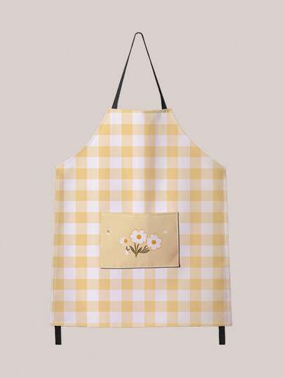 1pc Plaid & Floral Pattern Pocket Apron, Waterproof & Oil-Resistant, Suitable For Kitchen, Cooking, Housework, Catering