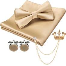 Conjunto de corbata de moño anudada de unicolor, pañuelo de bolsillo, gemelos y broche de solapa para hombres (Corbata de moño + Pañuelo de bolsillo + Gemelos + Broche de cadena colgante) - Multicolor - Ver 18