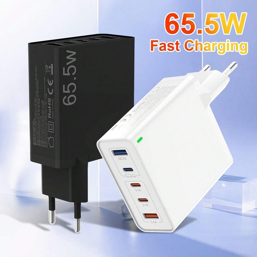 65.5W USB C Super Fast Charger, 3 Type-C + 2 USB-A Ports, 5-In-1 Multi-Port Output, With Charging Indicator Light, Compact And Portable, Low Temperature Protection, Compatible With IPhone 17/16/15/14/13/12/Pro Max, Galaxy Phones And Laptops - White - View 1