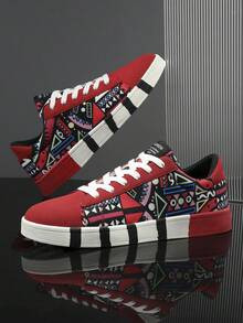Men's Niche Contrast Color Random Geometric Print Patchwork Lace-Up Low-Top Sneakers, Personalized Letter Graphic Outdoor Flat Casual Sports Shoes For Teenagers - Black and Red - View 2