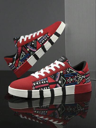 Zapatillas deportivas de corte bajo con estampado geométrico de color contrastante y parches aleatorios, con cordones, para hombres. Zapatos casuales planos con gráfico de letra personalizada para adolescentes