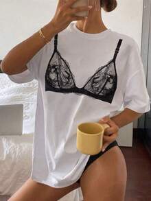 Camiseta de Mujer Oversize con Estampado de Encaje y Hombros Caídos - Blusa de Manga Corta con Cuello Redondo y Corte Relajado 100%, Lavable a Máquina, Top Casual y Formal para Todas las Temporadas con Diseño de Encaje en Mangas y Pecho (Tallas S-3XL) - Prenda Casual Blanca y Negra, Esencial para Combinar para Mujer, Estilo Y2k - Blanco - Ver 1