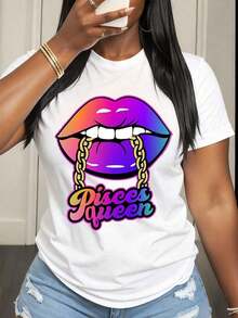 Women's Graphic T-Shirt With Pisces Queen Rainbow Lips Design And Gold Chain, Fashionable Zodiac Sign Top, Casual Wear, Birthday Gift Idea, Summer Clothes - 白色 - 查看 7