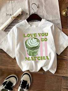Camiseta Solt Wo Matcha Té Verde |   Camiseta de manga corta H-Line con estampado de taza de té Matcha Tapioca y Matcha Latte, tela suave y transpirable, corte holgado informal, atuendo cómodo para todas las estaciones.gráfico - Blanco - Ver 6