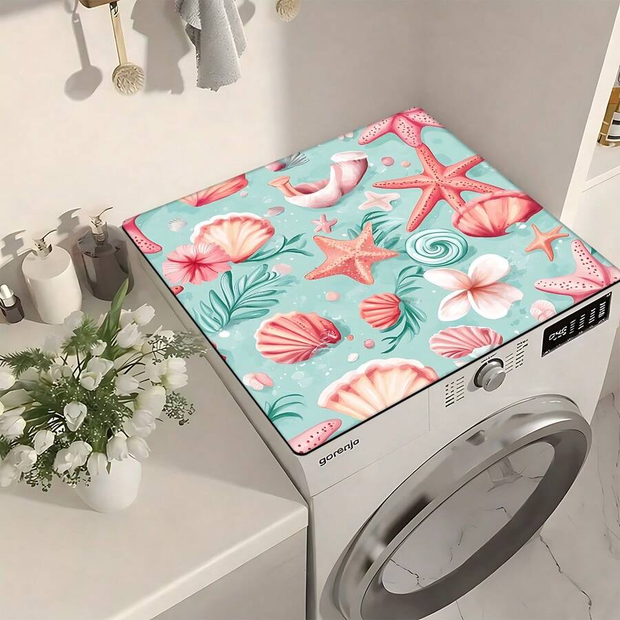 1pc Starfish & Shell Pattern Printed Washing Machine Dust Cover Mat, Rubber Soft Bottom, Laundry Room Accessory, Washing Machine Top Protective Pad, Quick Absorbent And Dry, Refrigerator Dust Cover, Coffee Maker Countertop Absorbent Mat, Diatomite Draining Mat, Modern Laundry Room And Kitchen Appliance Washing Machine And Dryer Dust Cover, Home Decor, Kitchen & Dining Decoration - Multicolor - View 1