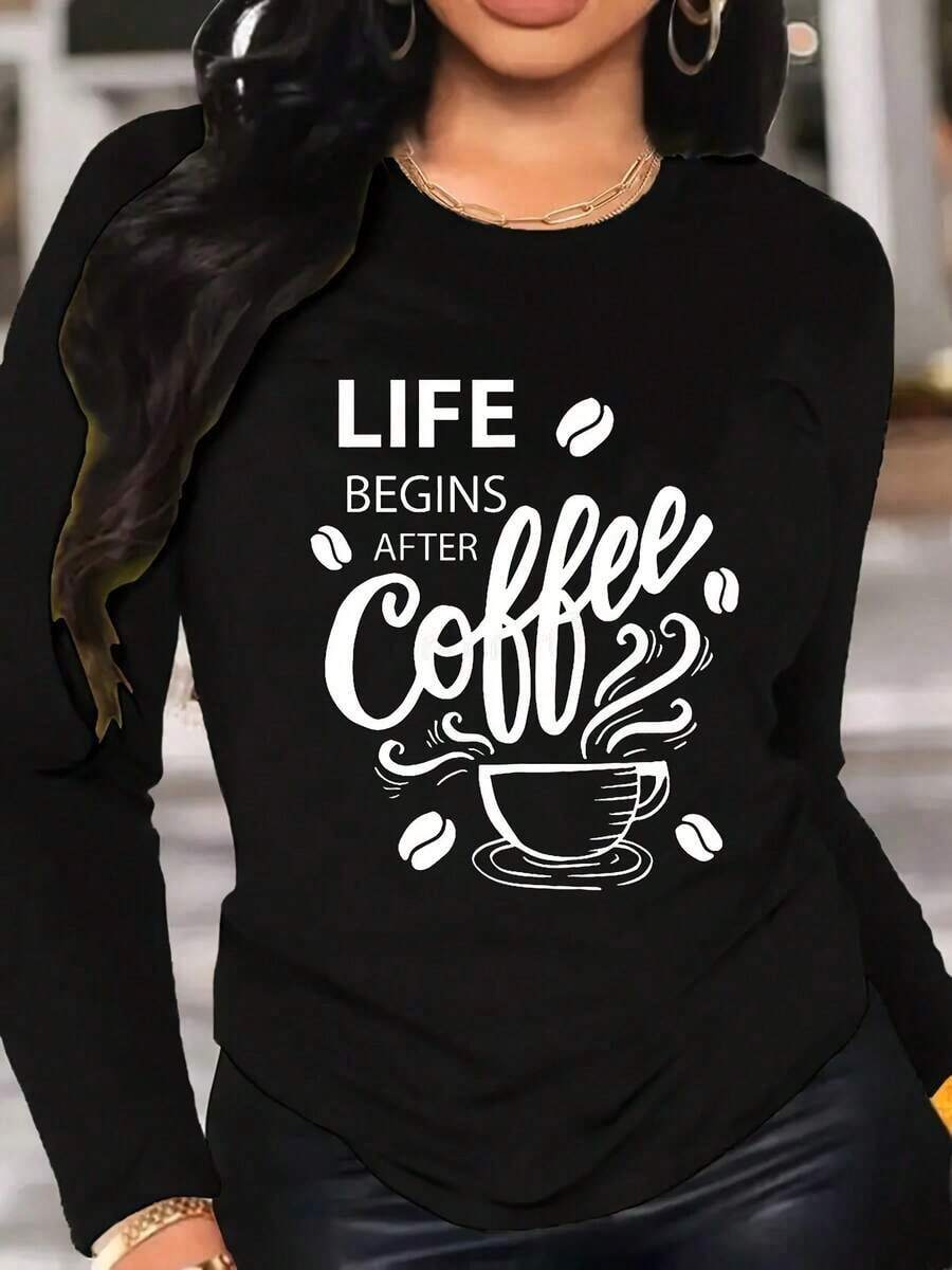 Women's Casual Long Sleeve T-Shirt - Coffee Lover Print With 'Life Begins After Coffee' Slogan, Round Neck, Machine Washable, Spring, Summer & Autumn Essential, Comfortable Loose Fit Shirt, Soft Texture - Plus Size Unisex Leisure Top. - 黑色 - 查看 1