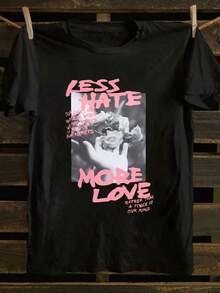 Short-Sleeved T-Shirt With Fun Floral And Cartoon Prints And A Slogan; Cute And Comfortable. Suitable For Various Occasions, Including Holiday Gifts, Birthday Gifts, Music Festivals, Casual Wear, Versatile Comfort, Beach Vacations, And Simple Yet Stylish Everyday Wear For Women And Girls. - 黑色 - 查看 2