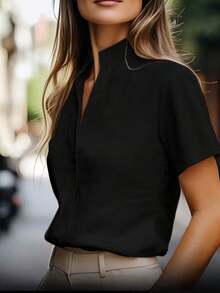Camiseta de mujer de manga corta de satén sólido elegante - Cuello clásico, tela transpirable, ajuste ceñido, lavable a máquina, top versátil para todas las estaciones, diseño de cuello alto, ropa casual de calidad, textura suave negro verano - Negro - Ver 2