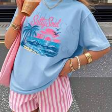 Women's Custom Y2k T-Shirt, Fashionable, 180g Pure Cotton, Women's Loose-Fitting Short-Sleeved Top, Urban Elegance, Breathable For Everyday Wear, Creative Print For Summer, Gift For Outdoor Sports. Pink "Salty Soul" Lettering Combined With A Tropical Beach Sunset Pattern, Blue Palm Trees And Waves, Sunset And Bird Elements In Pink, Vibrant Retro Design, Suitable For Casual Summer Wear. - 紅色 - 查看 7