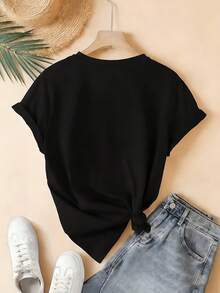 Women's Casual Short Sleeve Printed T-Shirt With Blue Heart Pattern And Studs - Unisex Vintage Urban Style, Loose Fit Cotton Short Sleeve Crew Neck T-Shirt - 黑色 - 查看 2