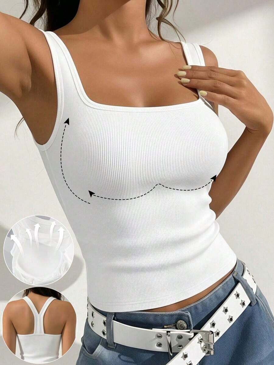 1pc Women's Minimalist Casual Padded Camisole, Fitted Sleeveless Solid Color Square Neck Knit White Top - White - View 1