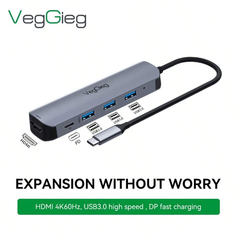 VegGieg Type-C 五合一扩展坞：千兆以太网、4K、PD 100W 快充、高速 Type-C 集线器，两种款式可选 - 查看 1