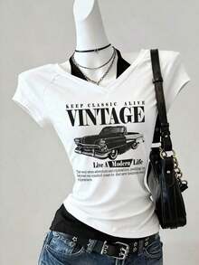 Camiseta de mujer casual de cuello en V retro, con atar, de manga corta y contraste de color, adecuada para el verano - Blanco - Ver 2