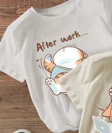Con un estampado de gato de dibujos animados de verano, esta elegante camiseta de manga corta y cuello redondo para mujer es holgada, casual y versátil. Es una prenda única, no un conjunto de 3 piezas. Elija una de las tres tallas para uso diario, Navidad, Pascua y todas las festividades. - Blanco - Ver 2
