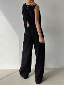 Conjunto de chaleco holgado de unicolor con cuello redondo y pantalones vaqueros holgados con bolsillo, estilo casual, para mujer - Negro - Ver 2