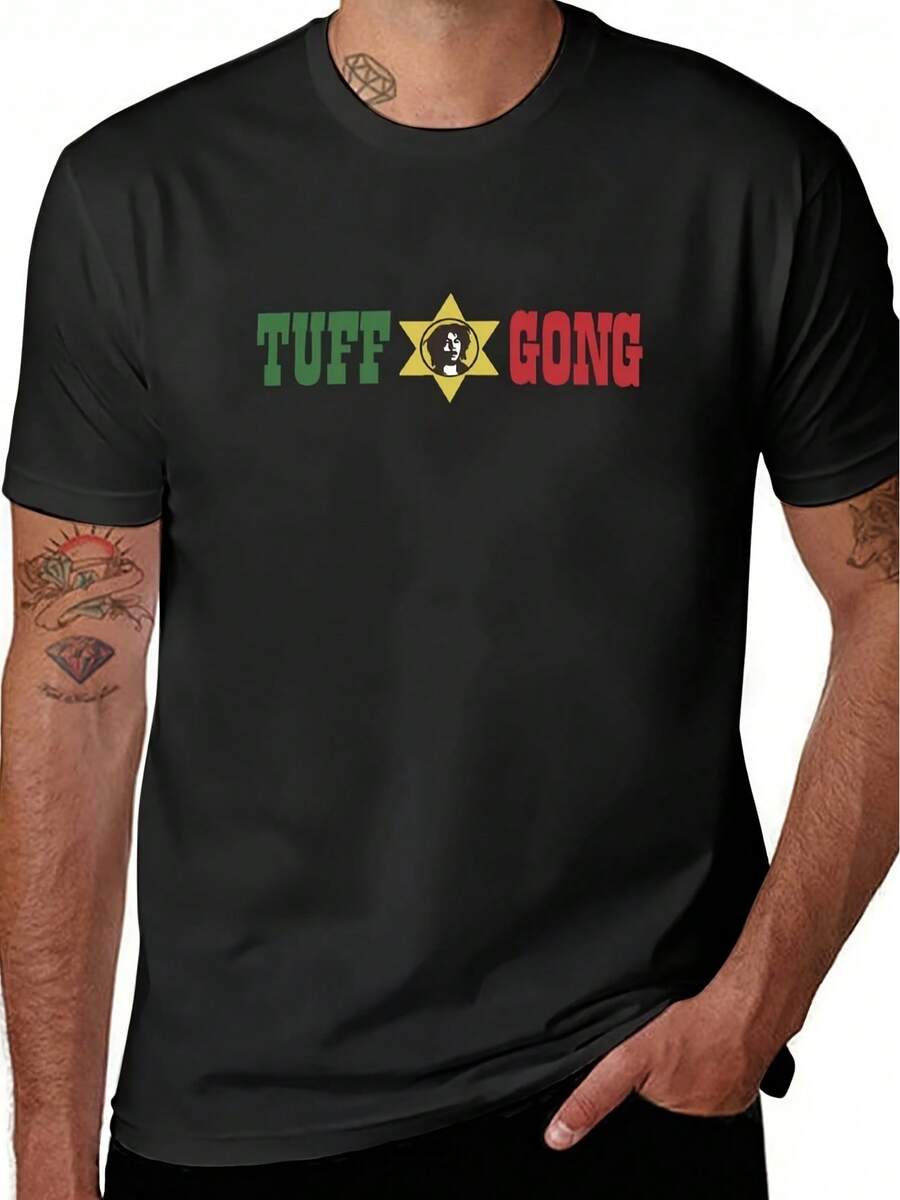 Camiseta de música reggae con logo de gong resistente, corte clásico, tejido premium suave y cómodo, para todas las estaciones, cuello redondo, adecuada para ocasiones casuales y deportivas, unisex, coleccionable - Negro - Ver 1