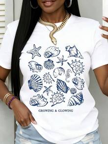 Women's Seashell, Starfish, And Marine Life Print T-Shirt, Bright And Colorful Design, Summer Beach Casual Wear Suitable For Leisure And Sports Activities, Loose Fit Retro T-Shir - 後退 - 查看 7