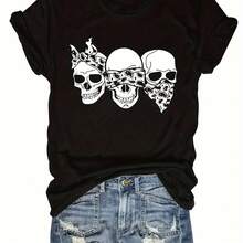 Women's Graphic Print T-Shirt "Three Wise Skulls With Bandanas", Print T-Shirt "See No Evil, Hear No Evil, Speak No Evil", Short Sleeve Casual Round Neck, Gothic Western Top. - 黑色 - 查看 1