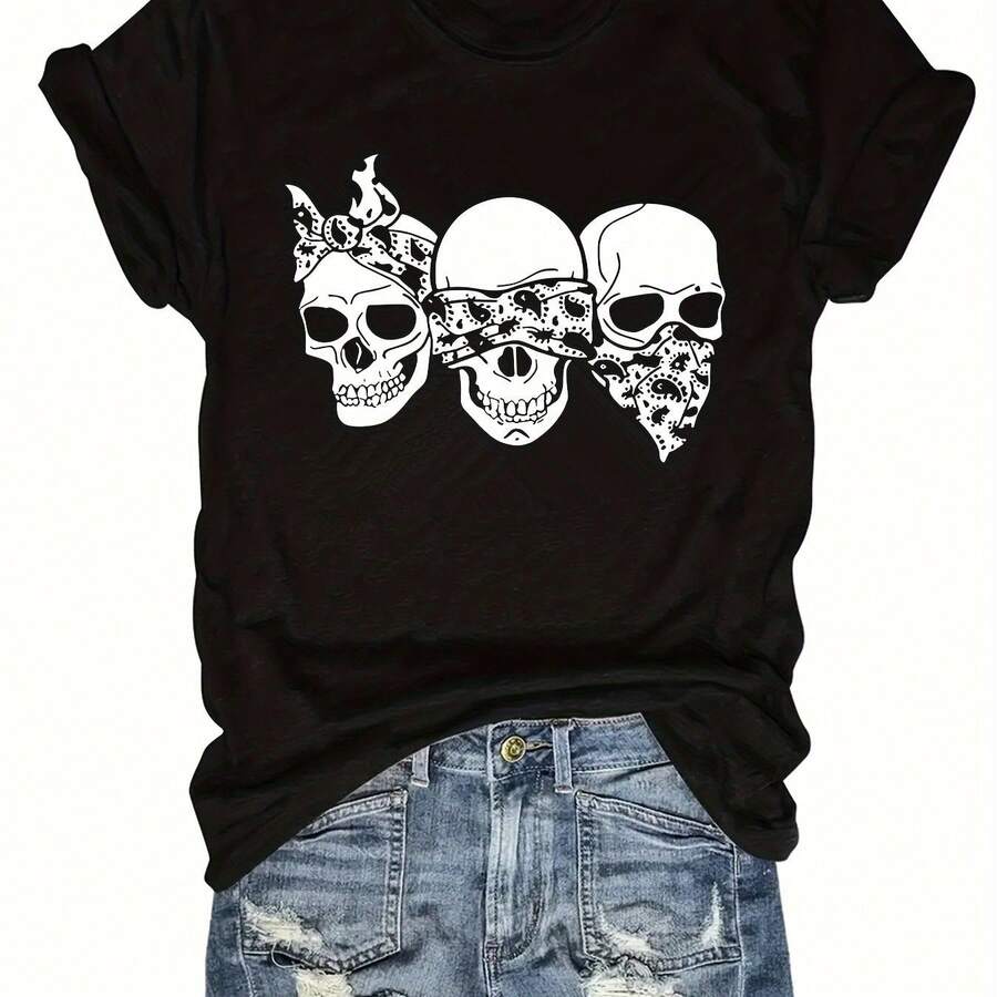 Women's Graphic Print T-Shirt "Three Wise Skulls With Bandanas", Print T-Shirt "See No Evil, Hear No Evil, Speak No Evil", Short Sleeve Casual Round Neck, Gothic Western Top. - 黑色 - 查看 1