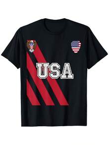 USA America Soccer Jersey Red Blue Ball Travel-Shirt Men Women CoupleMen's Cotton Round-Neck Short-Sleeved Summer Street Retro-Shirt.-Shirt Parents And Friends. 220g Cotton, Heat Transfer Printed-Shirt - Black - View 1