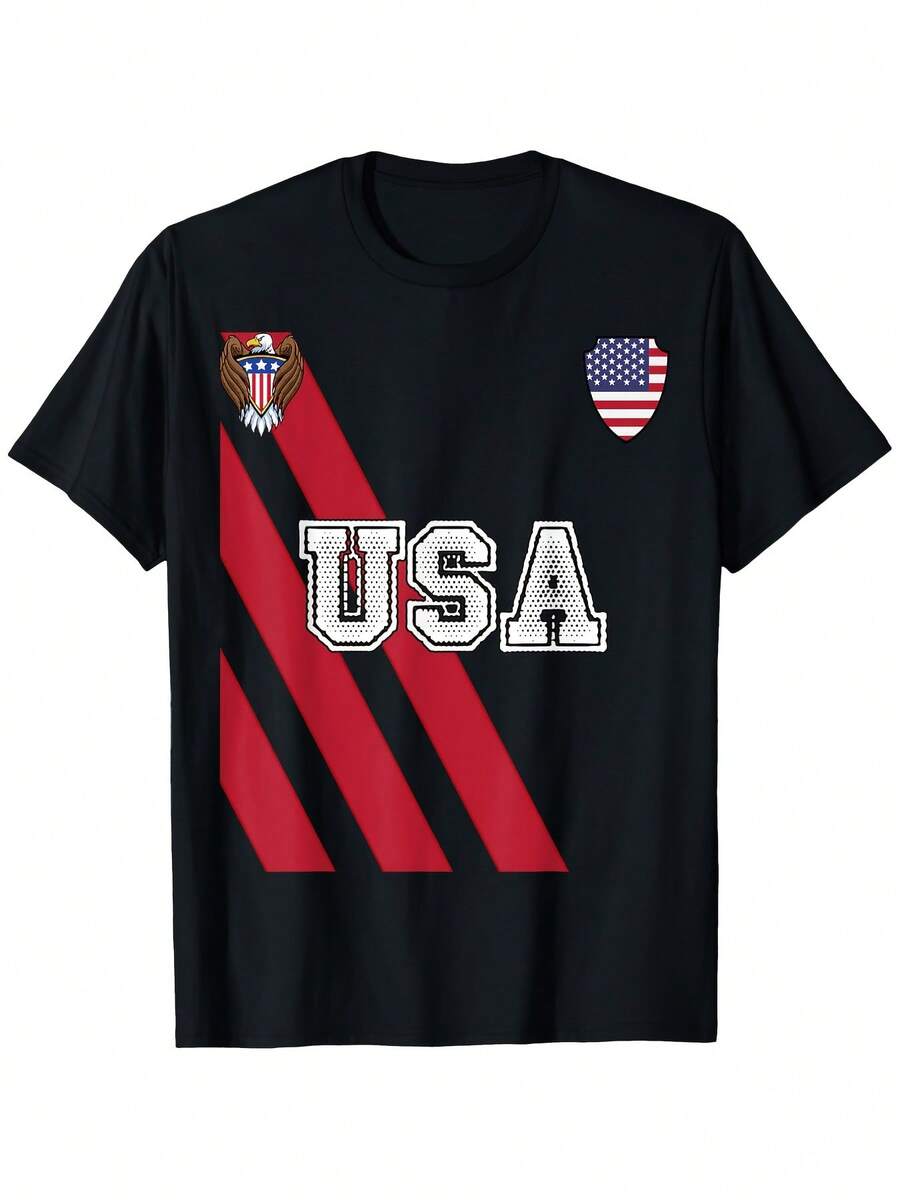 USA America Soccer Jersey Red Blue Ball Travel-Shirt Men Women CoupleMen's Cotton Round-Neck Short-Sleeved Summer Street Retro-Shirt.-Shirt Parents And Friends. 220g Cotton, Heat Transfer Printed-Shirt - Black - View 1