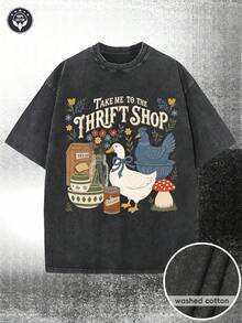 Camiseta de mujer - Camiseta de algodón lavado de 230 g, disponible en varios colores. Esta camiseta presenta un diseño de patrón de estilo vintage, con un llamativo estampado frontal que dice "Llévame a la tienda de segunda mano" y una linda ilustración de un pato blanco debajo para un toque casual. - marrón café - Ver 7