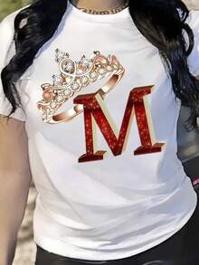 Oversize Extra grande Camiseta de algodón de manga corta para mujeres con estampado de corona y letra M, cuello redondo casual, ajuste regular, tela cómoda para todas las estaciones, uso diario, promoción de , camisa elegante y estilosa para mujeres, 100% algodón - Blanco - Ver 6