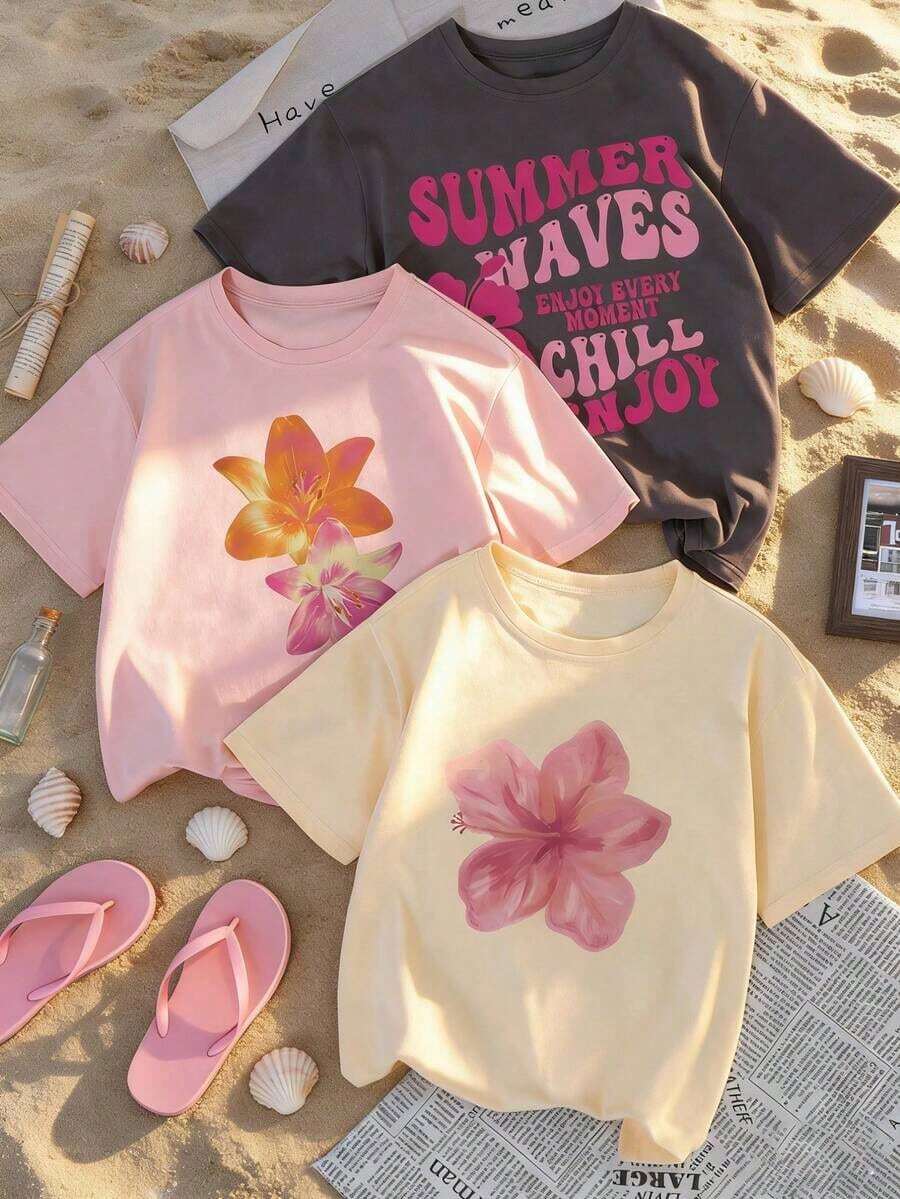 1 pieza/Set de camiseta de manga corta con cuello redondo, estampado floral minimalista, estilo casual de verano, moderna y versátil para mujer. - Albaricoque - Ver 1