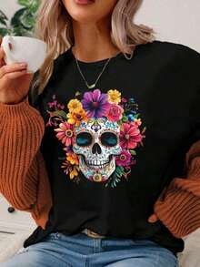 Camiseta casual para mujer de manga corta con cuello redondo, ajuste suelto, con gráfico de esqueleto y flores - Multicolor - Ver 3