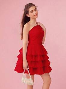 Vestido de malla asimétrico para mujeres con cuello y capa con volantes de unicolor para el verano - Rojo - Ver 5