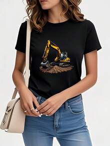 Excavator Print T-Shirt, Short Sleeve, Round Neck, Women's Clothing, Unique And Modern, Elegant And Versatile, Suitable For Casual Daily Wear, Travel And Meetings, Excellent Gift, Pure Cotton Print T-Shirt For Women. - 黑色 - 查看 7