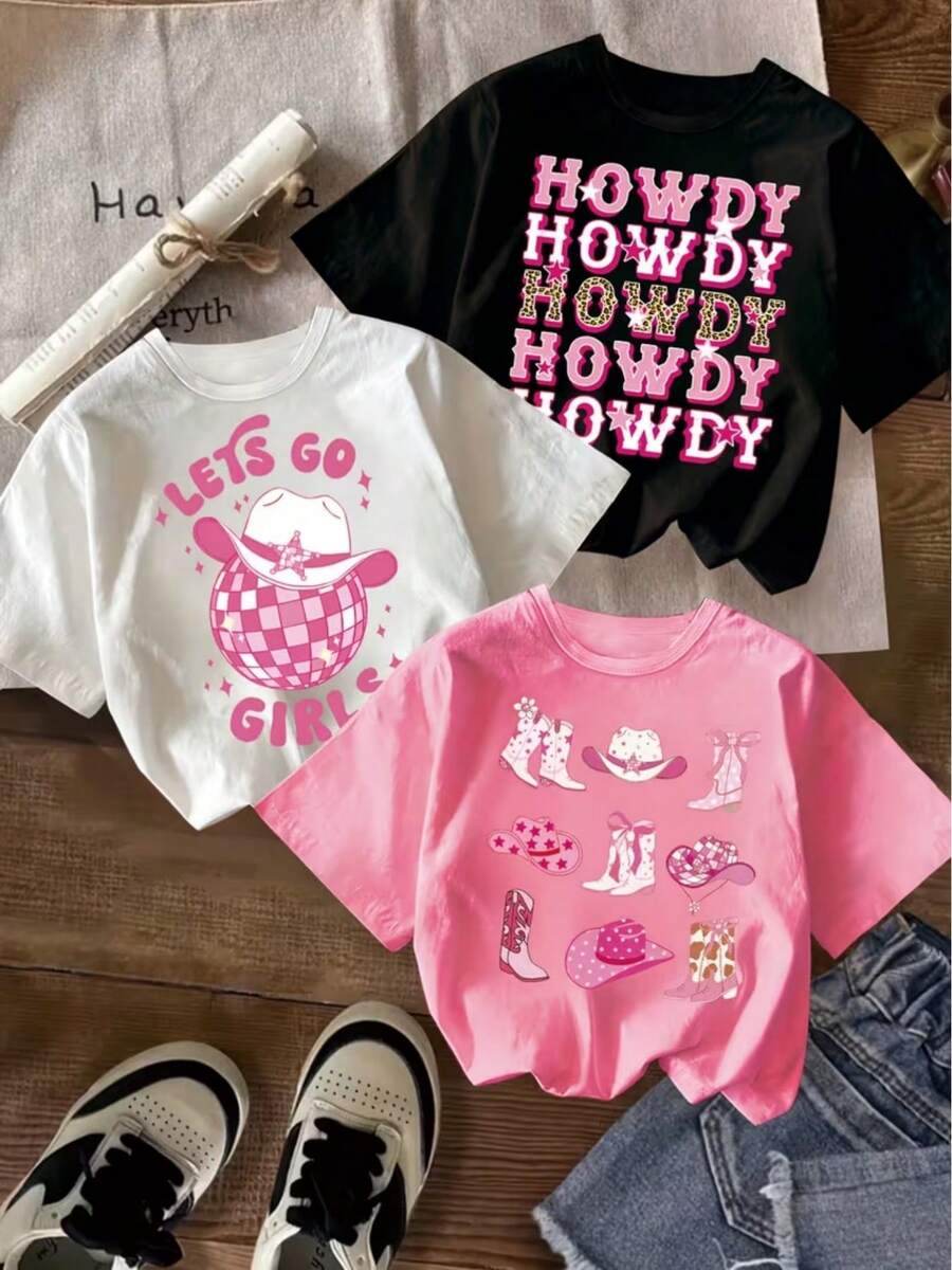 New Women's Fashion T-Shirt, Western Style With "Howdy" Print, Round Neck, Plus Size T-Shirt, Pure Cotton Summer T-Shirt, Loose And Flattering, Local Delivery, Fashionable Casual Top, Casual Style, Round Neck, Slightly Stretchy. - 黑色 - 查看 1